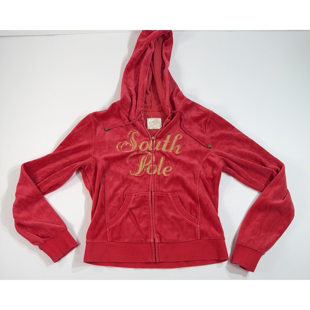 Southpole Womens Velour Zip Hoodie Red South Pole Gold Embroidered Small